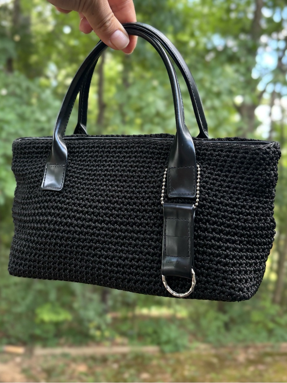 Black Woven Handbag with Top Zip